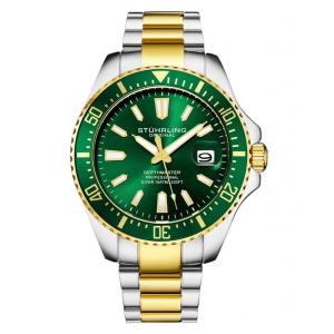 Relogio masculino Depthmaster 3950A 42mm, mostrador verde, pulseira em aco inox dourado e fivela prateada Stuhrling
