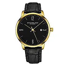 Relgio Stuhrling Classic 3997A com pulseira de couro preto, mostrador preto e detalhes em amarelo, 40mm.