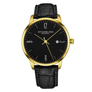 Relgio Stuhrling Classic 3997A com pulseira de couro preto, mostrador preto e detalhes em amarelo, 40mm.