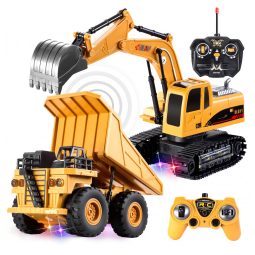Kit de Brinquedos de Máquinas de Construção RC JOYIN - Escavadeira e Caminhão Basculante com Luzes e Sons para Diversão Infinita