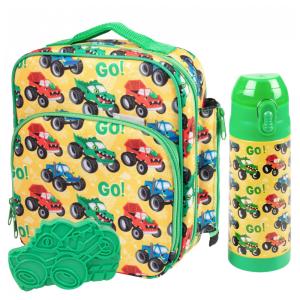 Bentology Caminhão Monstro Lancheira Infantil com Garrafa de Água em Aço Inoxidável e Forma de Gelo, Para 3 Anos ou Mais, Verde