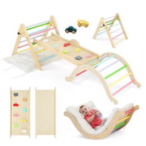 Conjunto JOYMOR 9 em 1 de Triângulo Pikler com Almofada Grande, Conjunto de Escalada de Madeira Montessoriano para Crianças com Pedras