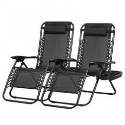 Conjunto de 2 Cadeiras de Praia Reclináveis Nazhura em Aço com Design de Malha de Aço Preta e Zero Gravity - com Almofada e Suporte para