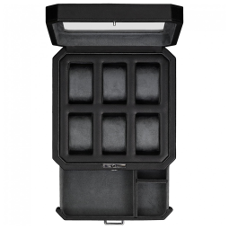 Caixa, Estojo de Couro e Tampo de Vidro para Relógios com 6 Compartimentos, ROTHWELL, Preto