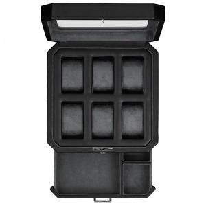 Caixa, Estojo de Couro e Tampo de Vidro para Relógios com 6 Compartimentos, ROTHWELL, Preto