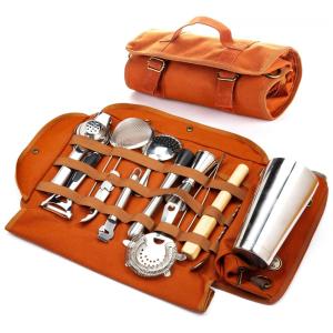 Kit Bartender Profissional 20 Peças em Aço Inoxidável com Estojo de Couro, Boldworks, Prata