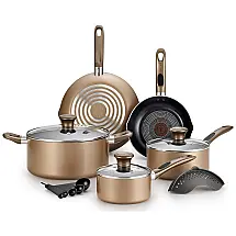 B036SE Conjunto de Panelas Antiaderentes e Utensílios, 14 Peças, T FAL B036SE64, Marrom