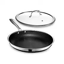Frigideira HexClad Hybrid 30 cm Aço Inox Antiaderente Cerâmica com Tampa de Vidro
