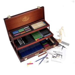 Kit Lápis de Cor Profissional com Maleta de Madeira 134 peças Tintas Acrílicas, Aquarela, ROYAL LANGNICKEL 132653, Marrom