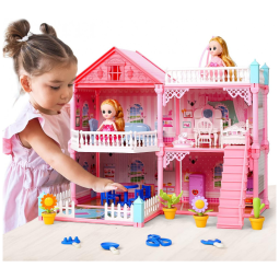 Casa de Bonecas com Acessórios e 2 Bonecas para Crianças de 3 Anos a 8 Anos, CUTE STONE, Rosa