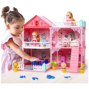 Casa de Bonecas com Acessórios e 2 Bonecas para Crianças de 3 Anos a 8 Anos, CUTE STONE, Rosa