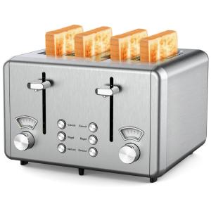 Torradeira Elétrica 4 Fatias em Aço Inoxidável com 6 Níveis de Tostagem, Painel de Controle Duplo e Bandeja de Migalhas Removível, 1500W