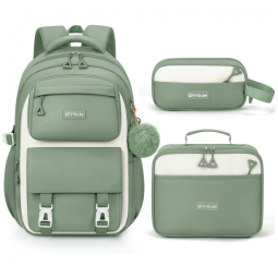 Mochila escolar Fimibuke infantil juvenil verde, conjunto 3 peças com lancheira térmica e estojo, impermeável