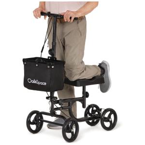 Andador 4 Rodas com Freio Duplo e Apoio para Joelho Ideal para Lesões Suporta 136kg, OASISSPACE, Preto