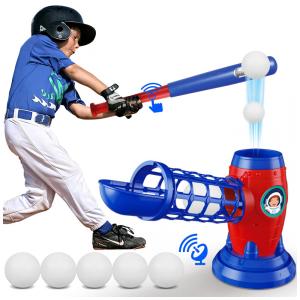 Lançador de Bolas Automático Infantil com Taco de Beisebol de Plástico para Crianças de 5 a 12 Anos, LZZAPJ, Azul e Vermelho