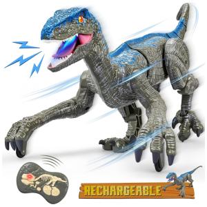 Dinossauro Velociraptor de Controle Remoto com Sons de Rugido e Olhos 3D e Balança a Cabeça para Crianças Acima de 5 Anos, CUKU, Cinza
