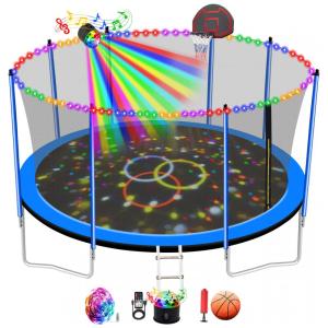 Mcltopz 1500LBS 10FT 12FT 14FT 16FT Trampolim com gabinete de cesta de basquete, luzes, sprinkler, alto falante, trampolim externo para