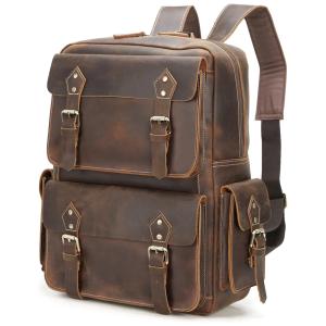 Mochila Vintage de Couro Integral para Laptop Unissex, POLARE , Marrom