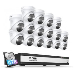 Sistema de Segurança Externo 16 Canais, 4TB HDD, 4K PoE 16 Câmeras, Zosi, Branco