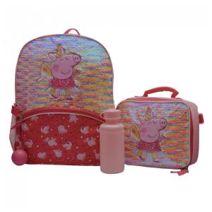 Mochila Escolar Infantil Peppa Pig com Lancheira, Garrafa de Água e Chaveiro Divertido para Crianças, Rosa