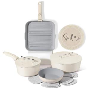 Jogo de Panelas e Frigideiras Antiaderentes, Material em Cerâmica com 12 Peças, Cabo Removível, sem PTFE e PFOA, Ailwyn, Creme