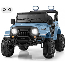 Carro Elétrico Infantil OLAKIDS Azul 12V Controle Remoto Jeep LED Bluetooth 2 Velocidades Suspensão Música USB MP3 3-8 Anos