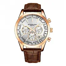 Relógio Stuhrling Rialto 44mm Cronógrafo Prateado com Pulseira de Couro Marrom e Fivela Rosa