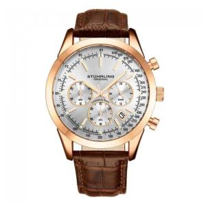 Relógio Stuhrling Rialto 44mm Cronógrafo Prateado com Pulseira de Couro Marrom e Fivela Rosa