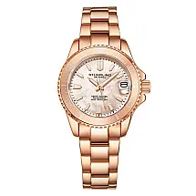 Relgio Depthmaster 3950AL clssico 32mm, mostrador prateado, pulseira de ao inoxidvel rosa e fivela de implantao - Stuhrling.
