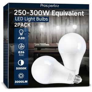 Lâmpada LED 300W 3000 Lumens 5000K Branca com Base A30, 2 Unidades, PROSPERBIZ, Branco