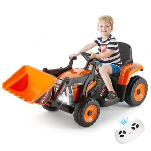 Escavadeira Elétrica Infantil a Bateria 12V com Controle Remoto 2.4 GHz, 3 Velocidades, Música e Luz LED, JOYLDIAS, Laranja