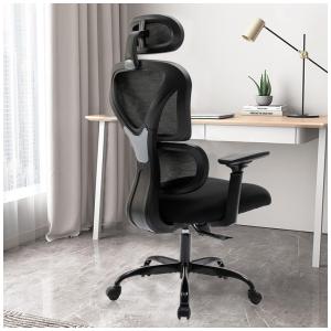 Cadeira de Escritório Ergonômica Giratória com Apoio de Braços 3D e Apoio de Cabeça Ajustável, KERDOM, Preto