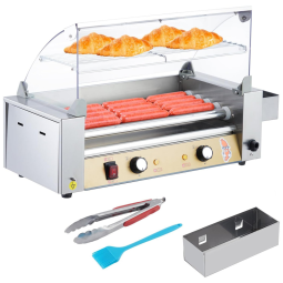 Máquina de Salsicha Hot Dog Garvee Grill, 5 rolos em aço inox, aquecedor de pães, tampa de vidro, bandeja coletora removível