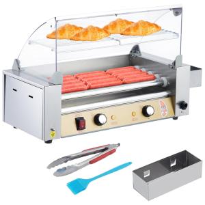 Máquina de Salsicha Hot Dog Garvee Grill, 5 rolos em aço inox, aquecedor de pães, tampa de vidro, bandeja coletora removível