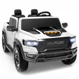 Carro Elétrico Infantil RAM 1500 24V Branco 2 Lugares com Controle Remoto, Bluetooth, Luzes LED, Baú e Cinto de Segurança