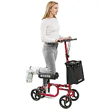 Andador 4 Rodas Dobrável com Freios Duplos e Apoio para Joelho Ideal para Lesões Suporta 158kg, BNEHS Red, Vermelho