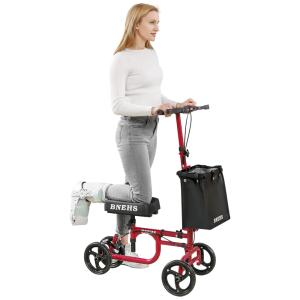 Andador 4 Rodas Dobrável com Freios Duplos e Apoio para Joelho Ideal para Lesões Suporta 158kg, BNEHS Red, Vermelho