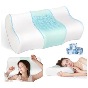 Travesseiro Cervical Ergonômico de Espuma de Memória Refrescante com Suporte de Pescoço, JINXIA, Branco e Azul