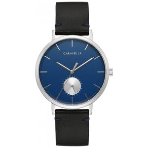 Relógio Masculino Max Quartz, aço inoxidável com pulseira de couro marrom tom prateado, mostrador azul, CARAVELLE 43A156, Prateado
