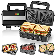 Sanduicheira e Máquina de Waffle 3 em 1 com Controle de Temperatura 5 Opções e Placas Removíveis, 1200W, 110v, Wdemna, Preta