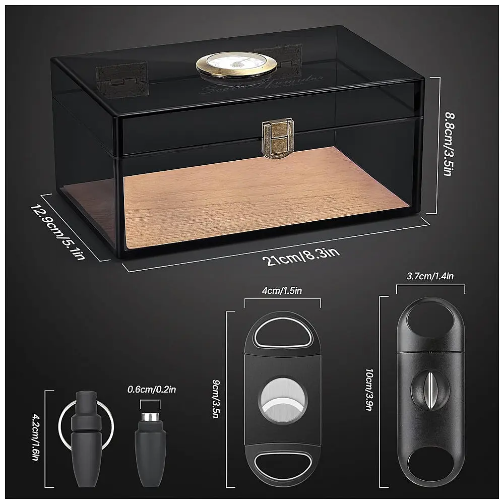 Umidor de Charutos Scotte Cinza em Acrílico Transparente com Higrômetro e Umidificador – Capacidade para 20 Charutos — foto 3