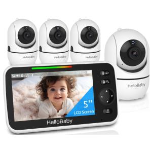 Monitor de Bebê HelloBaby HB6550 com 4 Câmeras - Sem WiFi, Bateria de 26 Horas, Alcance de 300m, Visão Noturna e Mais