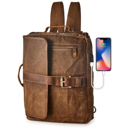 Mochila Vintage de Couro e Lona Encerada Impermeável para Laptop Unissex