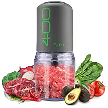 Processador de Alimentos em Aço Inoxidável 2 xícaras com Acessórios, 110V 400W, ANKII, Cinza