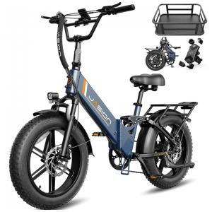 Bicicleta elétrica dobrável Jasion EB7 2.0 azul com cesto traseiro pneus 20x4 motor 750W pico 1400W bateria 48V 13Ah 70 km 110V
