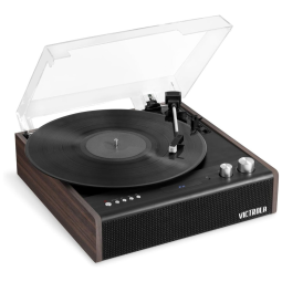 Toca Discos de Vinil Bluetooth de 3 Velocidades, com Alto-Falantes Integrados e Tampa Antipoeira, Victrola, Marrom e Preto