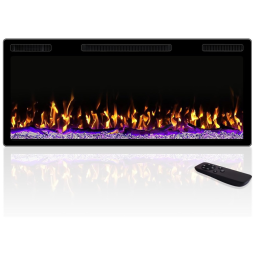 Lareira Elétrica de Embutir Ultrafina A49x106L cm com Temporizador, Controle Remoto, Cor e Brilho da Chama Ajustáveis, 110V 1500W, Pretzi
