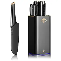 Conjunto de Facas Inteligente em Aço Inoxidável com Bloco de Bancada e Afiador Embutido, 6 Peças, ZEEKMUSS, Preto