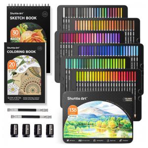 Conjunto de lápis de cor profissionais Shuttle Art 138 cores, com núcleo macio, acompanha 1 livro de colorir, 1 bloco de esboços