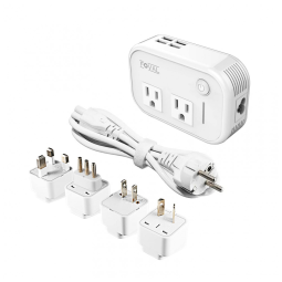 Transformador de Tensão 200W, 220V a 110V para Prancha de Cabelo com 4 Portas USB e Adaptador de Tomada, FOVAL, Branco